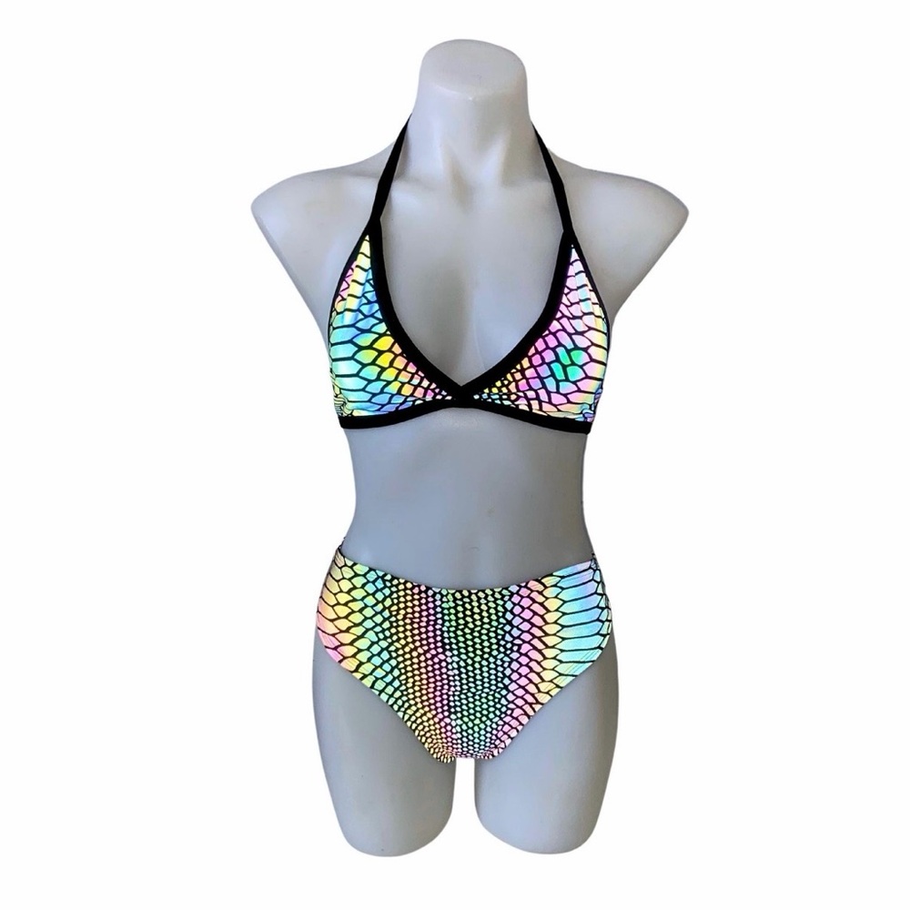 Holographic Pastel Snake-Scale Halter Bikini - Multicolor